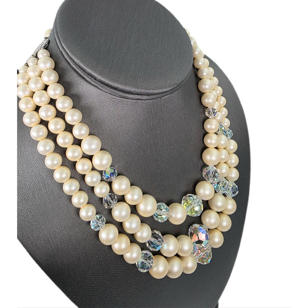 Vintage Laguna Triple Strand Faux Pearl and AB Bead Choker Necklace 1950s